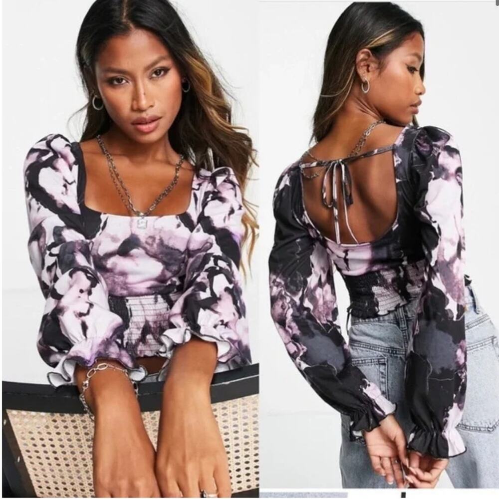 TOPSHOP Purple Tie-Dye Cropped Smocked Boho Blouse